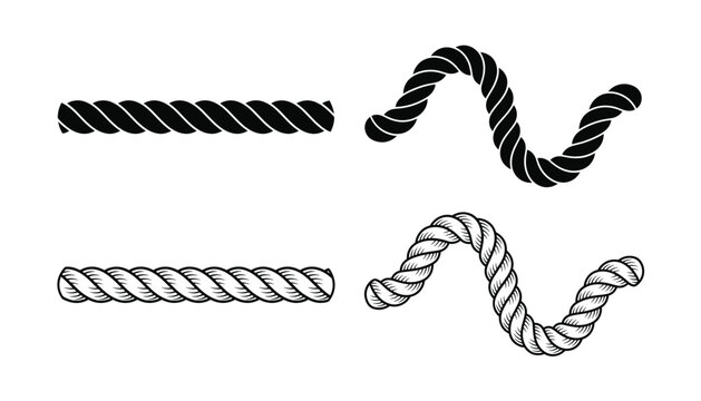 Black rope elements twisted in straight and wavy lines, textile material, vector illustration.