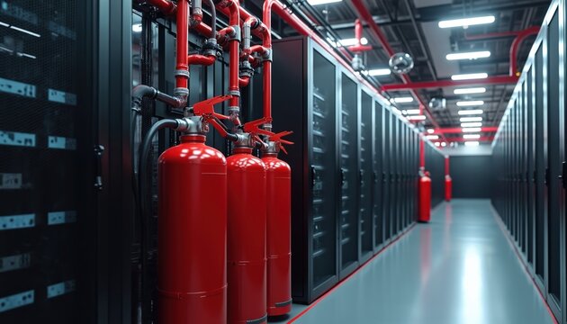 Data center hallway with server racks, fire suppression system. Red pipes, cylinders are visible, ready for emergency. Safety protocols for computer hardware, network infrastructure protection.