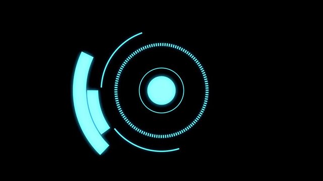 Cyan neon hud interface elements rotating on a black background for tech motion graphics.