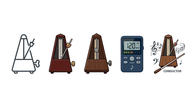 Various metronomes and musical timing devices for rhythm practice, including classic wooden, modern digital, and outline versions, essential tools for musicians.