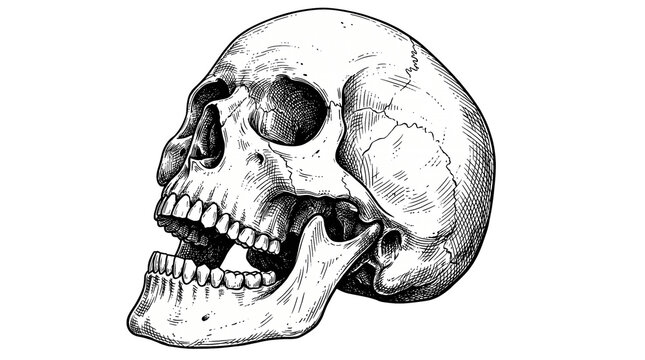 A detailed side view illustration of a human skull with visible teeth and jawbone