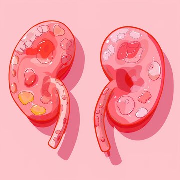 An illustration of two kidneys with cysts on a pink background