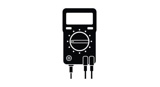 A black silhouette of a digital multimeter with probes and display screen silhouette