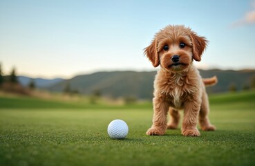 Fluffy puppy sits on green golf course next to golf ball. Cute dog on grassy field under blue sky. Pet explores landscape, happy companion enjoys outdoors. Animal portrait, doggy fun.