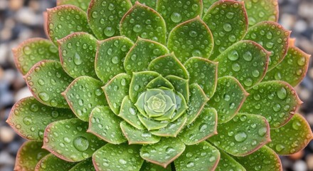 Obraz premium A vibrant, succulent succulent plant with a rosette of green leaves, each adorned with a delicate pink border, set against a backdrop of small, gray pebbles.