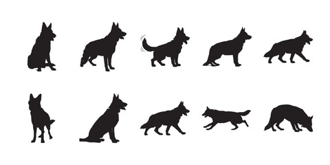 Obraz premium German shepherd canine profile silhouettes. Set of various dog positions featuring standing and motion for professional pet industry assets.