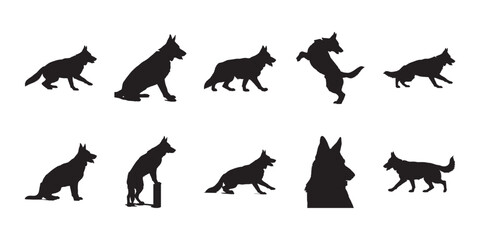 Obraz premium German shepherd dog silhouettes set. Collection of active canine poses including sitting and standing for pet branding and graphic design.