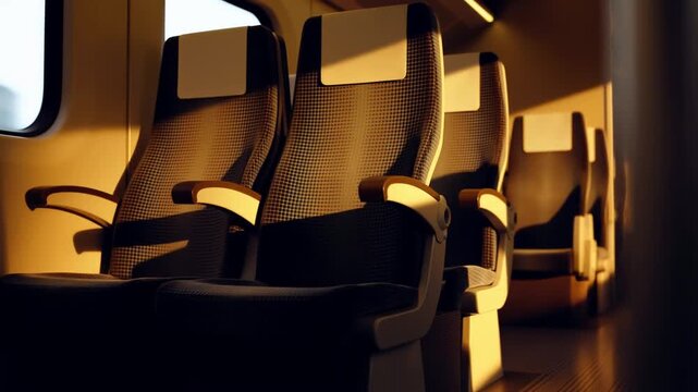Tracking shot of empty passenger train seats illuminated by golden sunset light through window inside carriage interior slow camera movement along aisle
