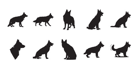 Obraz premium German shepherd dog silhouettes set. Collection of canine poses featuring various standing and sitting positions for professional assets.