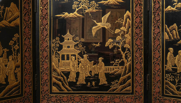 Antique Coromandel lacquer screen texture with carved gold and red cinnabar