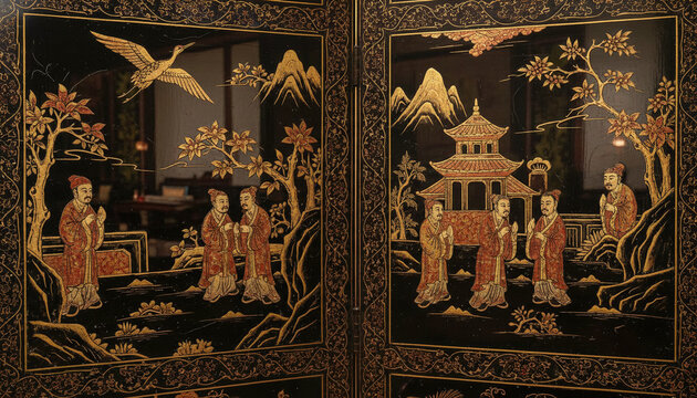 Antique Coromandel lacquer screen texture with carved gold and red cinnabar