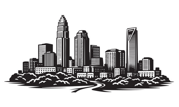 Charlotte Skyline Silhouette, Silhouette Vector, Isolated on White Background