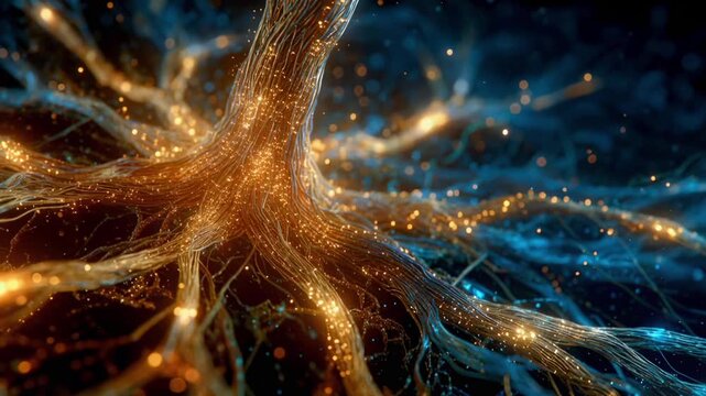 Glowing neural network and data flow, abstract visualization of artificial intelligence and big data. Futuristic technology with gold and blue energy particles