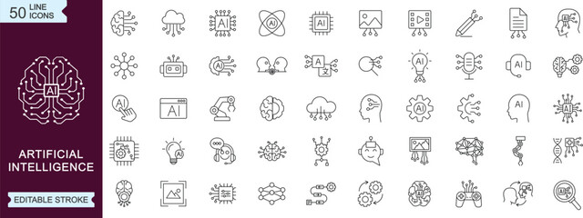 Artificial intelligence line icons set editable stroke AI machine learning neural network technology symbols for apps web interface UI UX infographic design © Creative Rozina