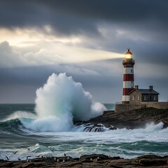 Obraz premium Coastal lighthouse guiding ships against stormy waves under a cloudy sky