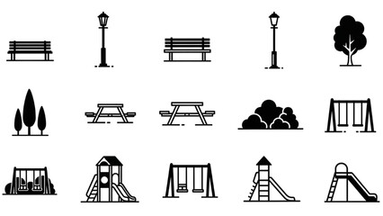 Collection of 2D AutoCAD icons for a park featuring benches, swings, and slides © Stock Image Paradise