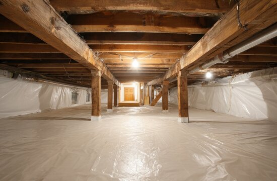 Clean, undecorated white crawl space with wooden support beams and bright lighting setting