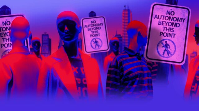A group of faceless spinning mannequins and political statements contained on street signs on an endless loop.
