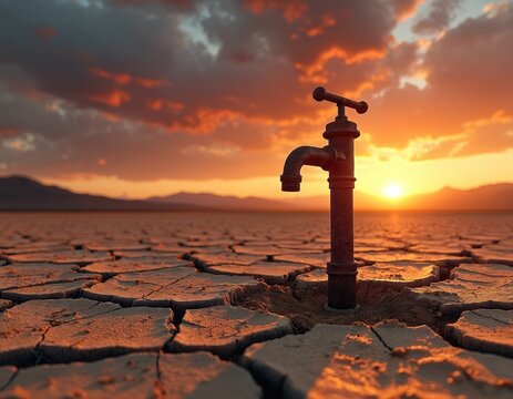 Old tap stands in cracked earth. Dry desert landscape at sunset. Arid climate crisis with scarce water resources. Global warming impact on nature.
