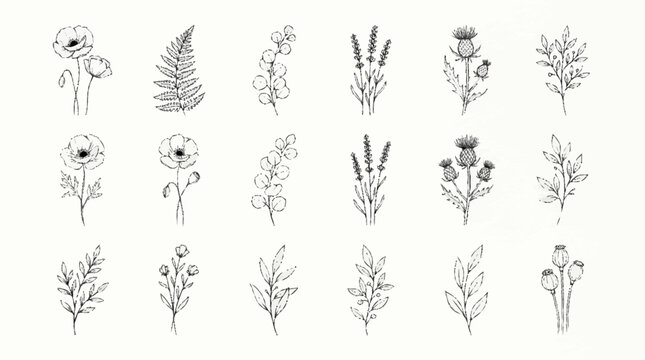 Collection of various wildflower line drawings.