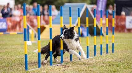 Obraz premium Border collie dog weaving through agility poles competition