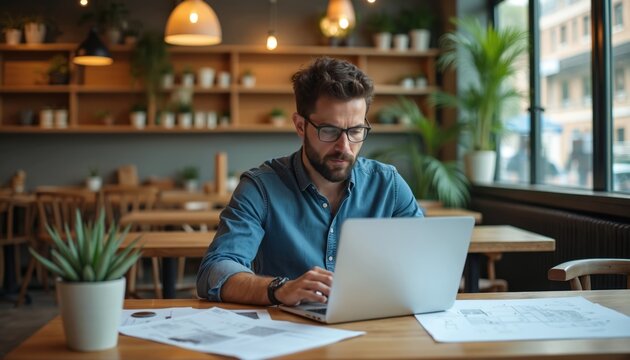 Man works on laptop in modern cafe with plants. He wears glasses and denim shirt, concentrating on his computer screen. Documents lie on table, indicating focused work session in trendy urban setting.