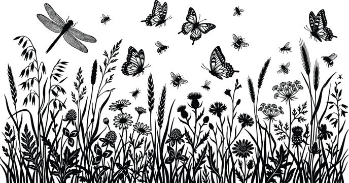Meadow wildflowers and insects silhouettes, nature ecosystem vector illustration, botanical artwork design graphic - black and white line illustration