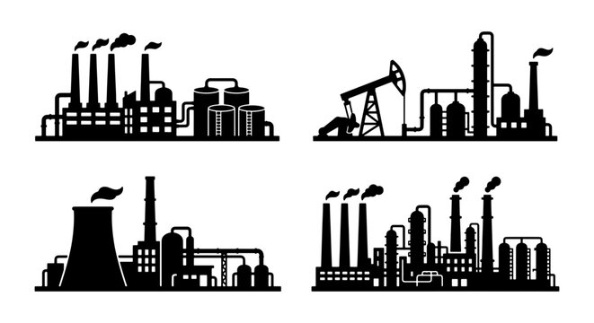 Industrial factory silhouette icons set, black manufacturing plant and oil refinery symbols, power station and chemical industry vector illustrations