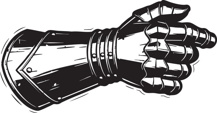 Detailed black and white engraving of a medieval knight metal gauntlet hand pointing finger direction for historical fantasy gaming or ancient heritage warrior branding conceptv