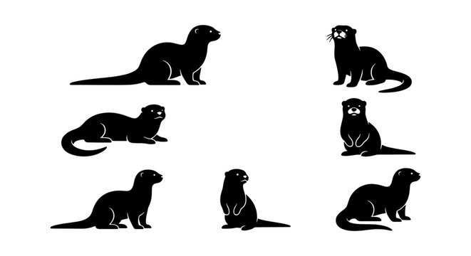 Otter silhouette vector set, black sea otter icons in various poses, aquatic mammal collection for nature logos and wildlife conservation graphics