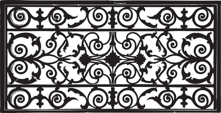 Vintage ornate wrought iron fence panel illustration featuring decorative scrollwork and classic baroque filigree patterns in monochrome black for architectural borders and antique gate design element