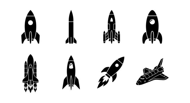 Black rocket ship icon set, flat space shuttle vector silhouettes, 8 spacecraft launch symbols for startup and technology projects