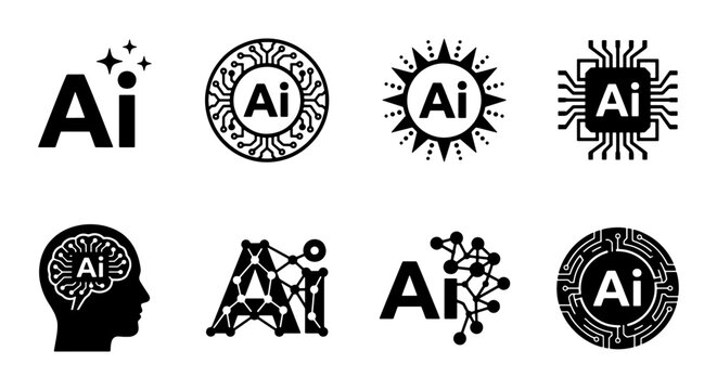 Artificial Intelligence icons set, black AI technology logos with neural networks and brain symbols, 8 vector elements for machine learning