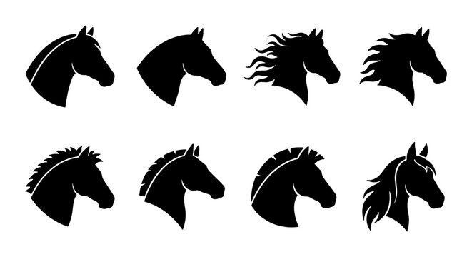 Horse head silhouette vector set, 8 black stallion profile icons, equestrian animal mascot collection, minimalist equine logo elements for branding