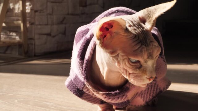 sphynx cat sitting on floor in warm clothing and feeling cold even under sunlight coming through window. High sensitivity to cold in sphynx cats. Issues of hairless cats.