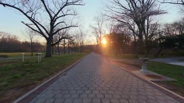 A low altitude FPV shot of a concrete tiled walking path, lined with leafless trees in a park at sunrise. The camera dolly in over the path low to the ground.