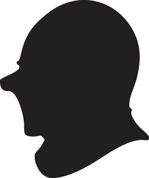 Black silhouette profile of a male head with a prominent nose and bald features isolated on a white background for creative character design and graphics