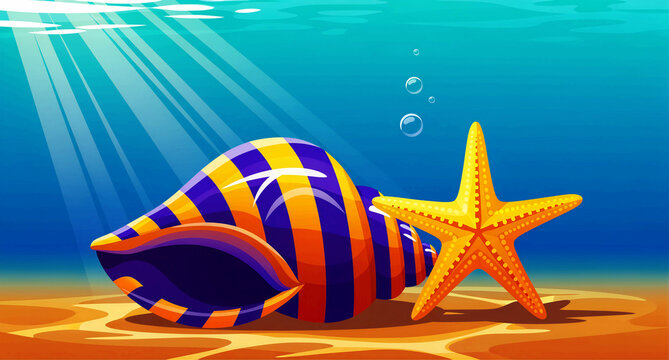 Striped seashell and yellow starfish resting on the sandy ocean floor. Sunbeams filter through deep blue water with bubbles. Marine life vector art for children's books and summer themes.