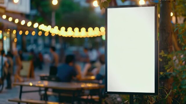 An empty sign in front of a bustling outdoor restaurant area at night.