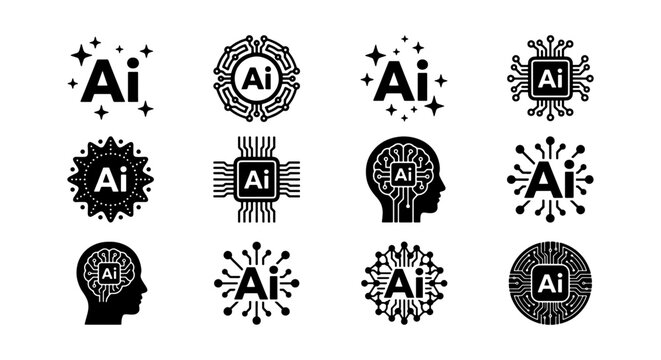 Artificial intelligence icons, 12 black AI vector symbols, tech logo set