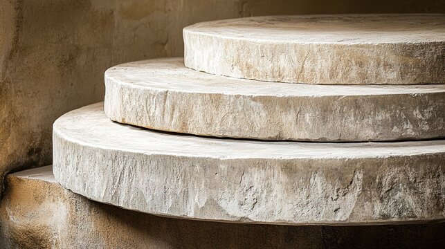 millstones. Two large circular millstones with deep grinding marks in a quiet mill. safety posters, maintenance manuals, designed for industrial assembly lines and welding operations.