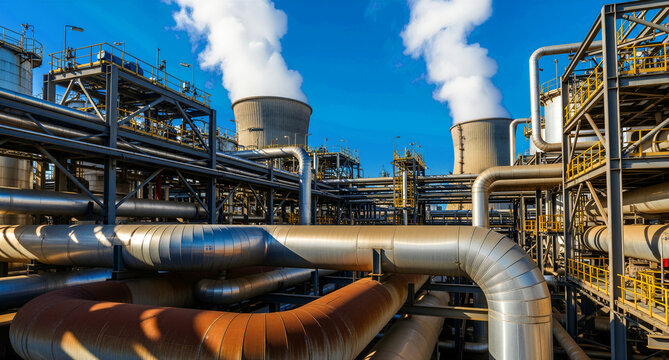Large industrial pipes leading to cooling towers emitting steam under a clear blue sky. Modern power plant with complex steel structures. Energy production and utility infrastructure concept.