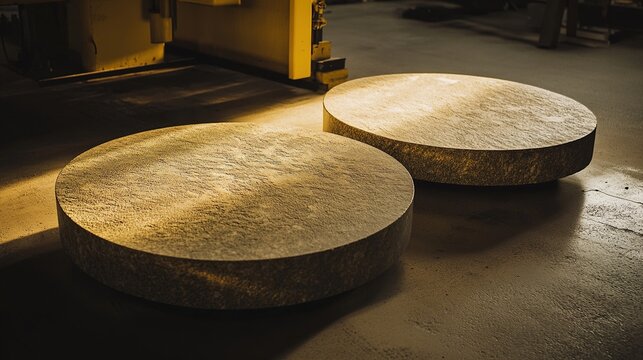 millstones. Two large circular millstones with deep grinding marks in a quiet mill. safety posters, maintenance manuals, designed for industrial assembly lines and welding operations.