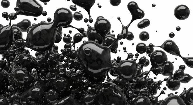 Dynamic Black Liquid Splashes and Droplets Isolated on White Background