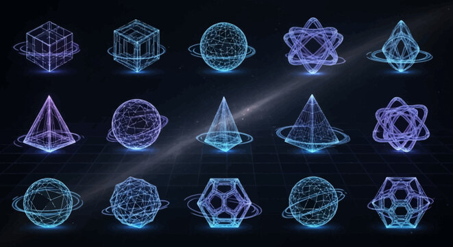 Set of 3D Geometric Wireframe Shapes with Glowing Orbital Rings