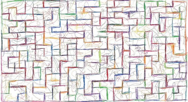 Abstract Hand Drawn Maze Pattern with Colorful Scribbled Lines