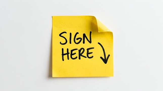 Yellow adhesive paper note featuring handwritten text sign here with a black ink pointing downward arrow