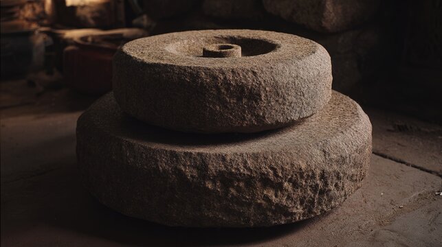 millstones. Two large circular millstones with deep grinding marks in a quiet mill. safety posters, maintenance manuals, designed for industrial assembly lines and welding operations.