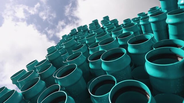 Low angle view of rack of large diameter, heavy wall blue PVC pipe