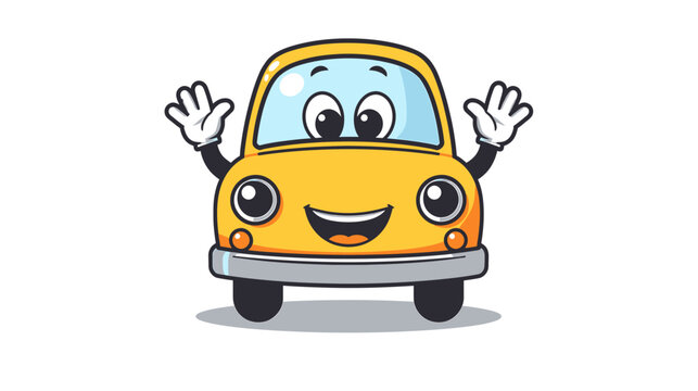 A cute smiling cartoon car character waves happily in a friendly scene.